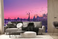 Fototapeta: Wenecki zachód słońca na tle gondol i katedry