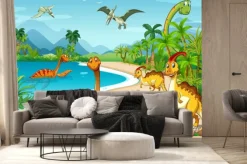 Fototapeta: Wesołe dinozaury na plaży w stylu rysunkowym