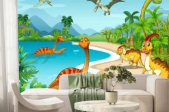 Fototapeta: Wesołe dinozaury na plaży w stylu rysunkowym