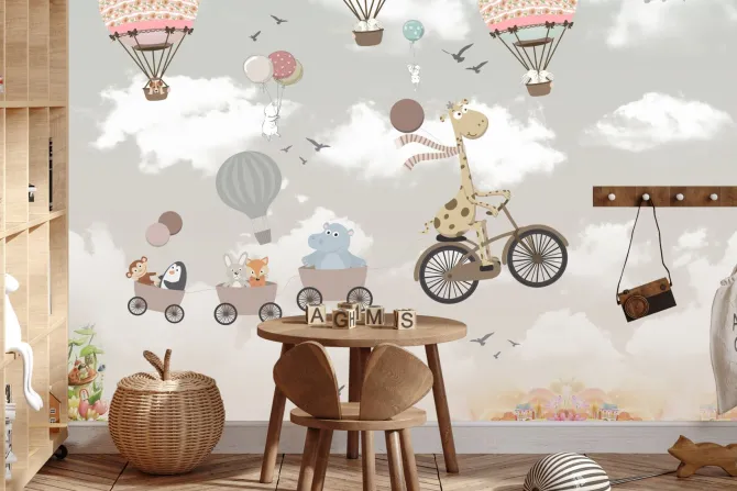 Fototapeta: Wesołe zwierzątka w balonach na tle nieba