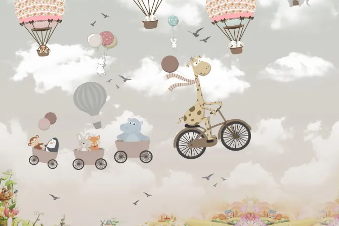 Fototapeta: Wesołe zwierzątka w balonach na tle nieba