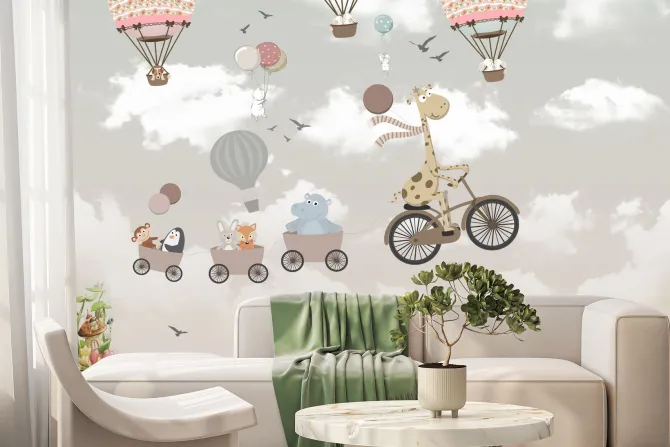 Fototapeta: Wesołe zwierzątka w balonach na tle nieba