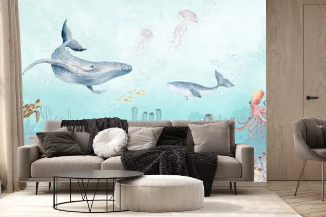 Fototapeta: Whale underwater blue ilustration wallpaper beautifull