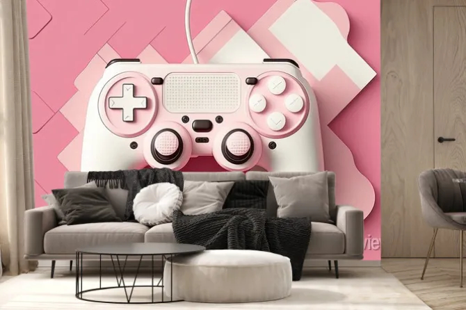 Fototapeta: White game controller, joystick, gamepad on a pink background