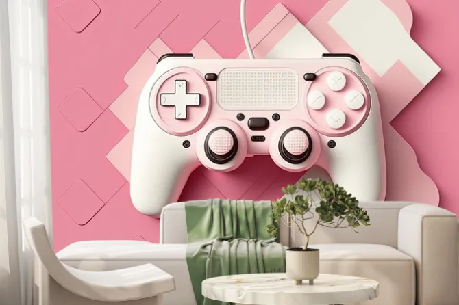 Fototapeta: White game controller, joystick, gamepad on a pink background