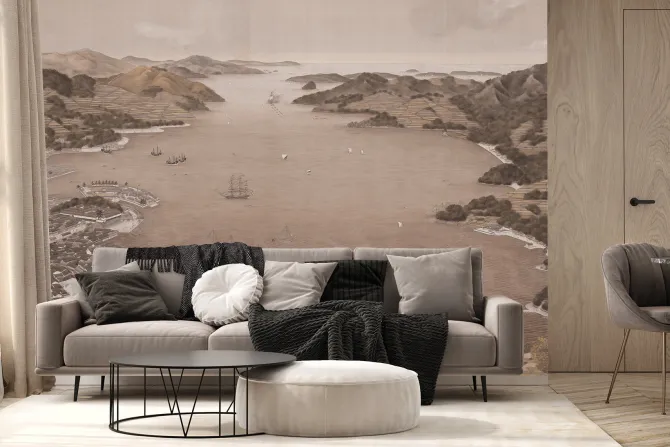 Fototapeta: Widok na nadmorskie miasto otoczone górami