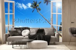 Fototapeta: Widok na tropikalną plażę z otwartego okna