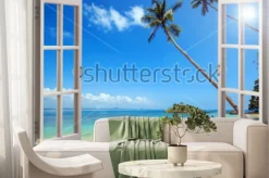 Fototapeta: Widok na tropikalną plażę z otwartego okna