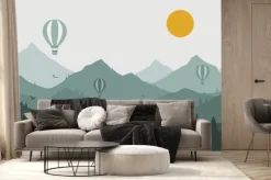 Fototapeta: Widok na wschód słońca nad górami z balonami i ptakami