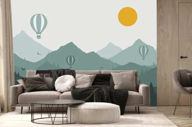 Fototapeta: Widok na wschód słońca nad górami z balonami i ptakami