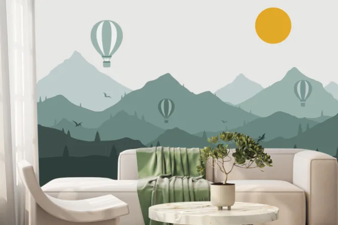 Fototapeta: Widok na wschód słońca nad górami z balonami i ptakami