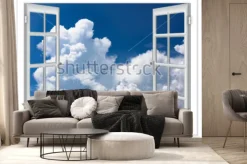 Fototapeta: Widok przez białe okno na chmury na niebie