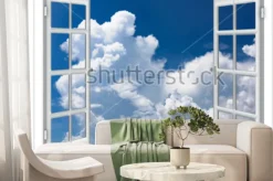 Fototapeta: Widok przez białe okno na chmury na niebie