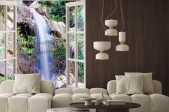 Fototapeta: Widok przez okno na wodospad kaskadowy