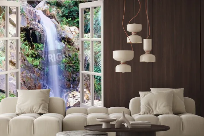 Fototapeta: Widok przez okno na wodospad kaskadowy