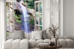 Fototapeta: Widok przez okno na wodospad kaskadowy