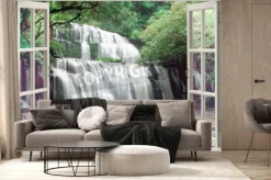 Fototapeta: Widok przez okno na wodospad