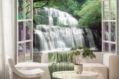 Fototapeta: Widok przez okno na wodospad