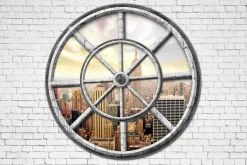 Fototapeta: Widok przez okrągłe okno na nowy jork