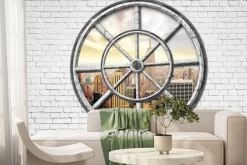 Fototapeta: Widok przez okrągłe okno na nowy jork