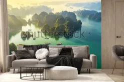 Fototapeta: Widok z lotu ptaka pływająca wioska rybacka i skały wyspa, halong