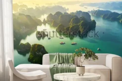 Fototapeta: Widok z lotu ptaka pływająca wioska rybacka i skały wyspa, halong