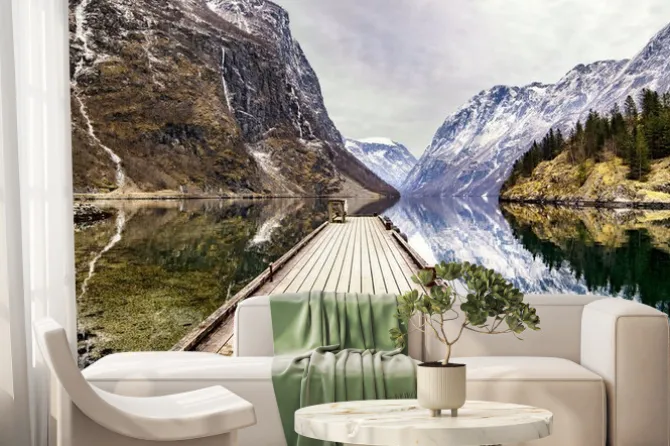 Fototapeta: Widok z miejscowości gudvangen w kierunku fiordu w norwegii