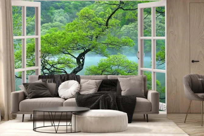 Fototapeta: Widok z okna na krajobraz z drzewem i jeziorem