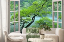 Fototapeta: Widok z okna na krajobraz z drzewem i jeziorem