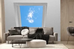 Fototapeta: Widok z okna na błękitne niebo i chmurę