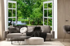 Fototapeta: Widok z okna na zbiornik wodny i drzewo latem