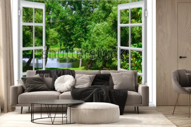 Fototapeta: Widok z okna na zbiornik wodny i drzewo latem