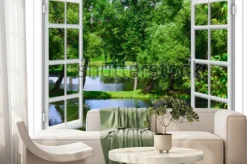 Fototapeta: Widok z okna na zbiornik wodny i drzewo latem