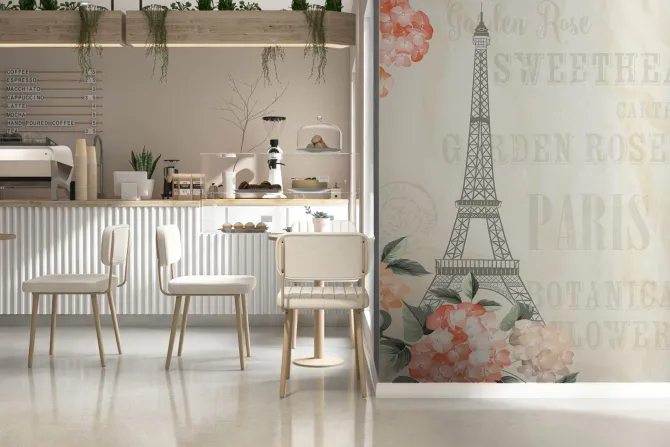 Fototapeta: Wieża eiffla wśród kwiatów i napisów