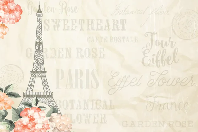 Fototapeta: Wieża eiffla wśród kwiatów i napisów