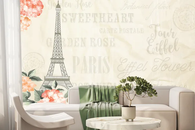Fototapeta: Wieża eiffla wśród kwiatów i napisów