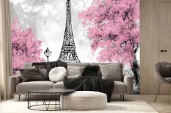 Fototapeta: Wieża eiffla z różowymi drzewami w malarskim stylu