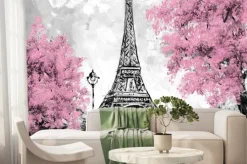 Fototapeta: Wieża eiffla z różowymi drzewami w malarskim stylu