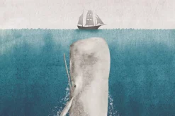 Fototapeta: Wieloryb i statek akwarelowy morski krajobraz