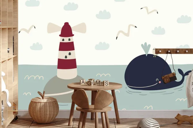 Fototapeta: Wieloryb latarnia morska i morze skandynawski wzór dziecięcy