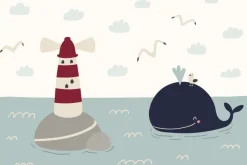 Fototapeta: Wieloryb latarnia morska i morze skandynawski wzór dziecięcy