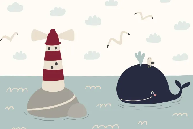 Fototapeta: Wieloryb latarnia morska i morze skandynawski wzór dziecięcy