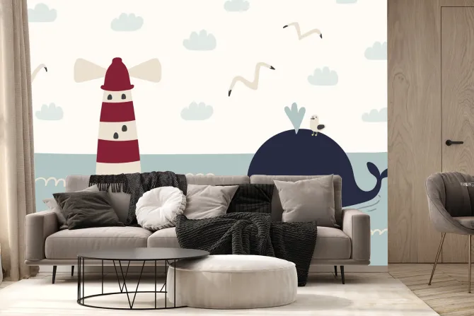 Fototapeta: Wieloryb latarnia morska i morze skandynawski wzór dziecięcy