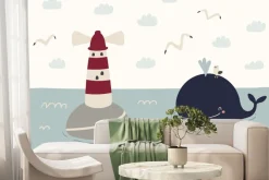 Fototapeta: Wieloryb latarnia morska i morze skandynawski wzór dziecięcy