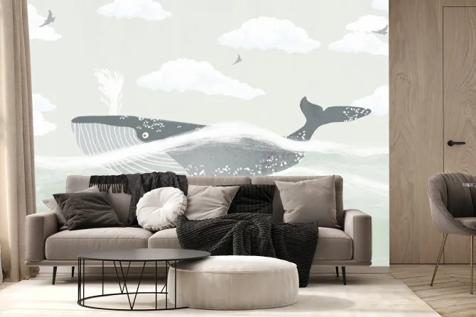Fototapeta: Wieloryb w morzu na tle chmur i ptaków