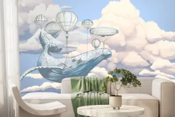 Fototapeta: Wieloryb z balonami na tle chmur i błękitnego nieba akwarelowy