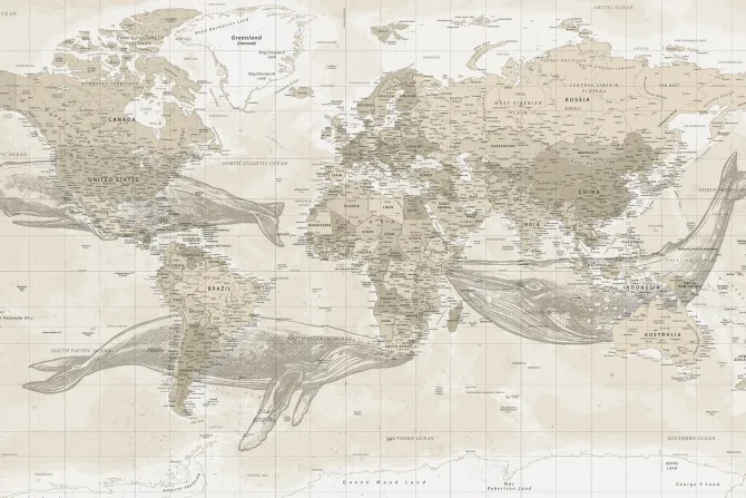 Fototapeta: Wieloryby i mapa świata w stylu vintage