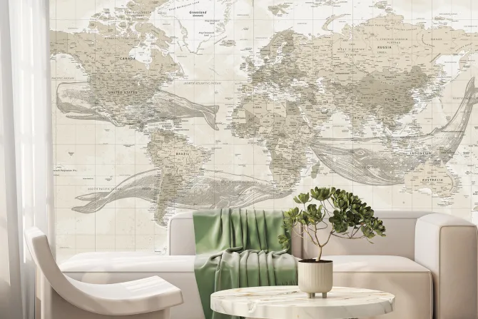 Fototapeta: Wieloryby i mapa świata w stylu vintage