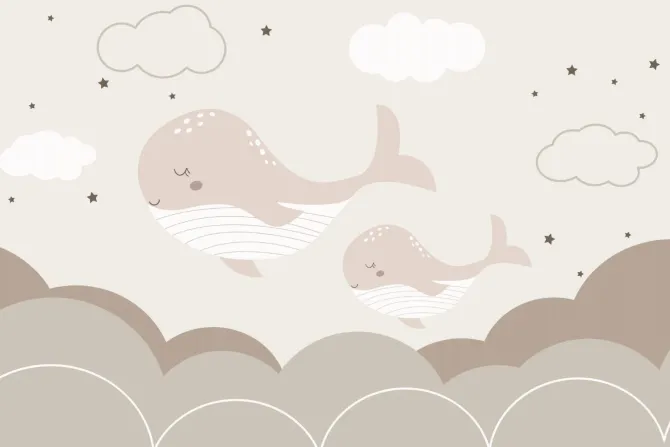 Fototapeta: Wieloryby na niebie z gwiazdami i chmurami bajkowy wzór