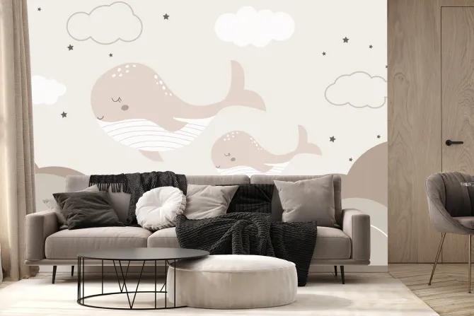 Fototapeta: Wieloryby na niebie z gwiazdami i chmurami bajkowy wzór